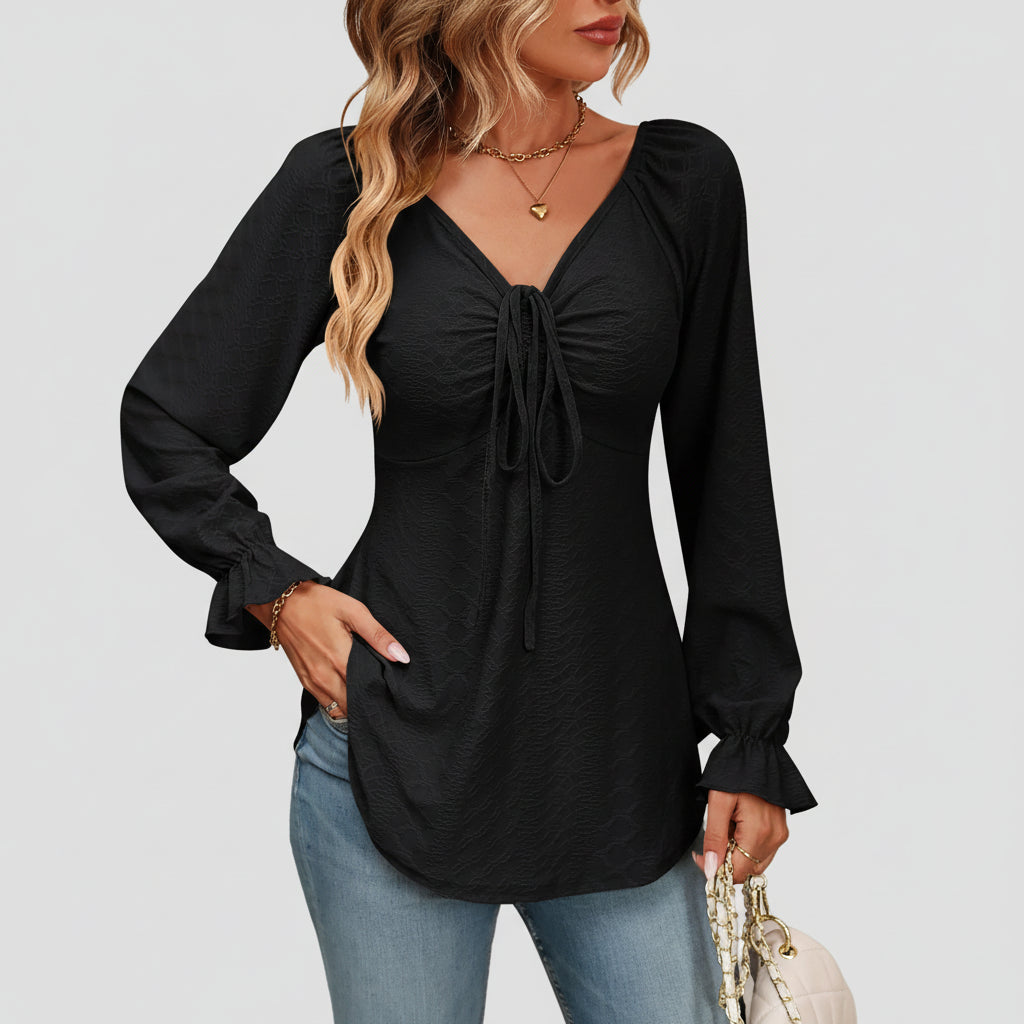 Blusa de Malha com Elastano Gola v Amarração na Cintura Lenogue Preto / p