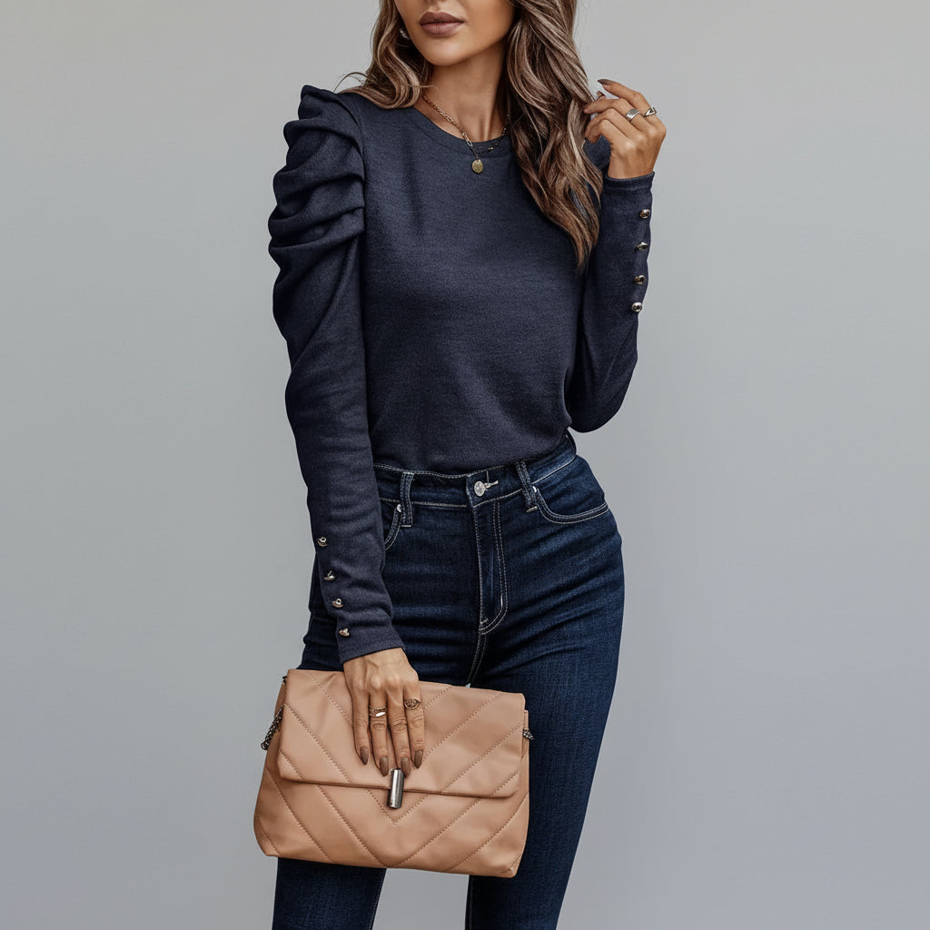 Blusa de Malha com Elastano Manga Bufante Lenogue Azul / p