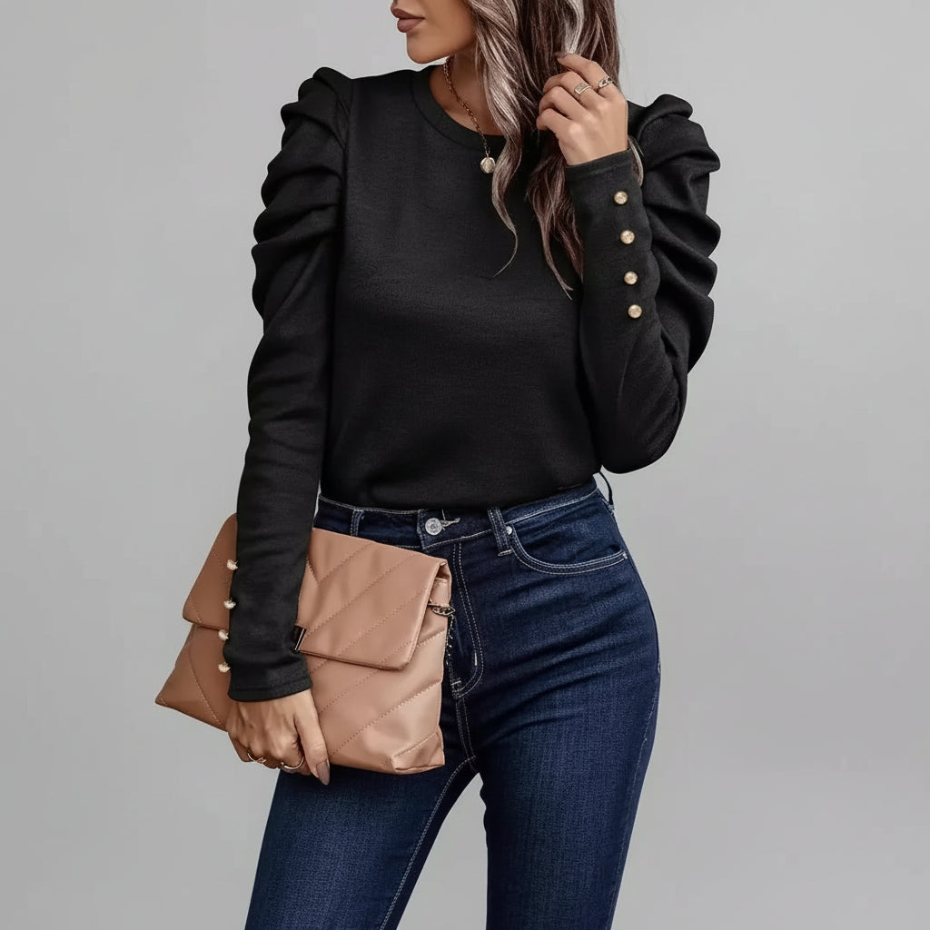 Blusa de Malha com Elastano Manga Bufante Lenogue Preto / p