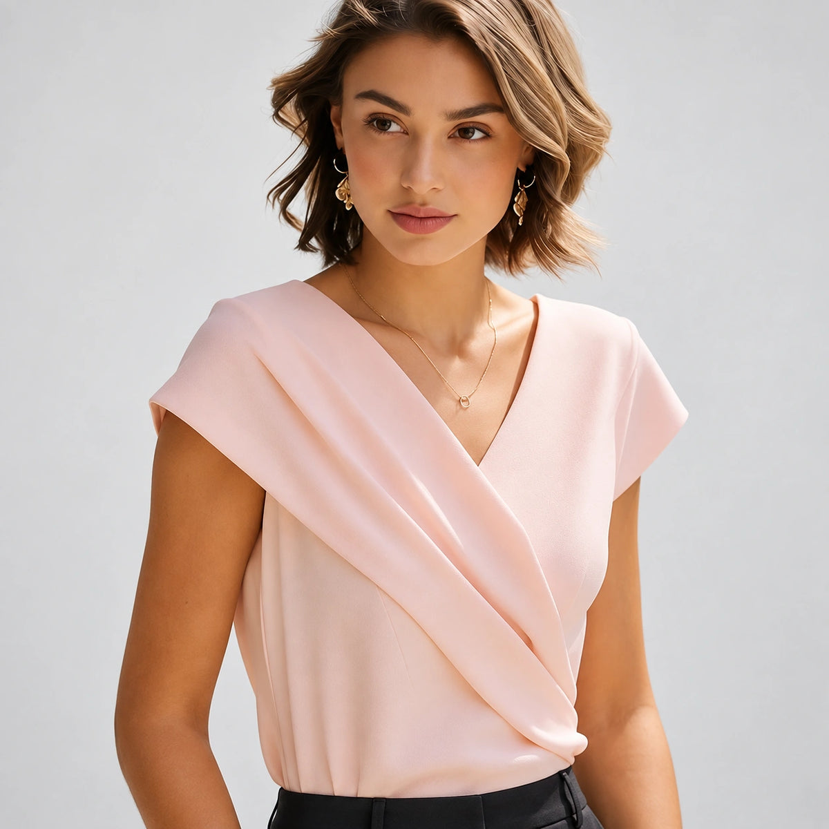 Blusa de Poliéster com Decote V e Manga Curta Raffiné Lenogue