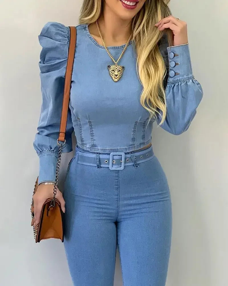 Blusa de Poliéster com Manga Bufante Corset Azul Denim Lenogue