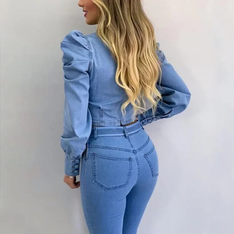 Blusa de Poliéster com Manga Bufante Corset Azul Denim Lenogue