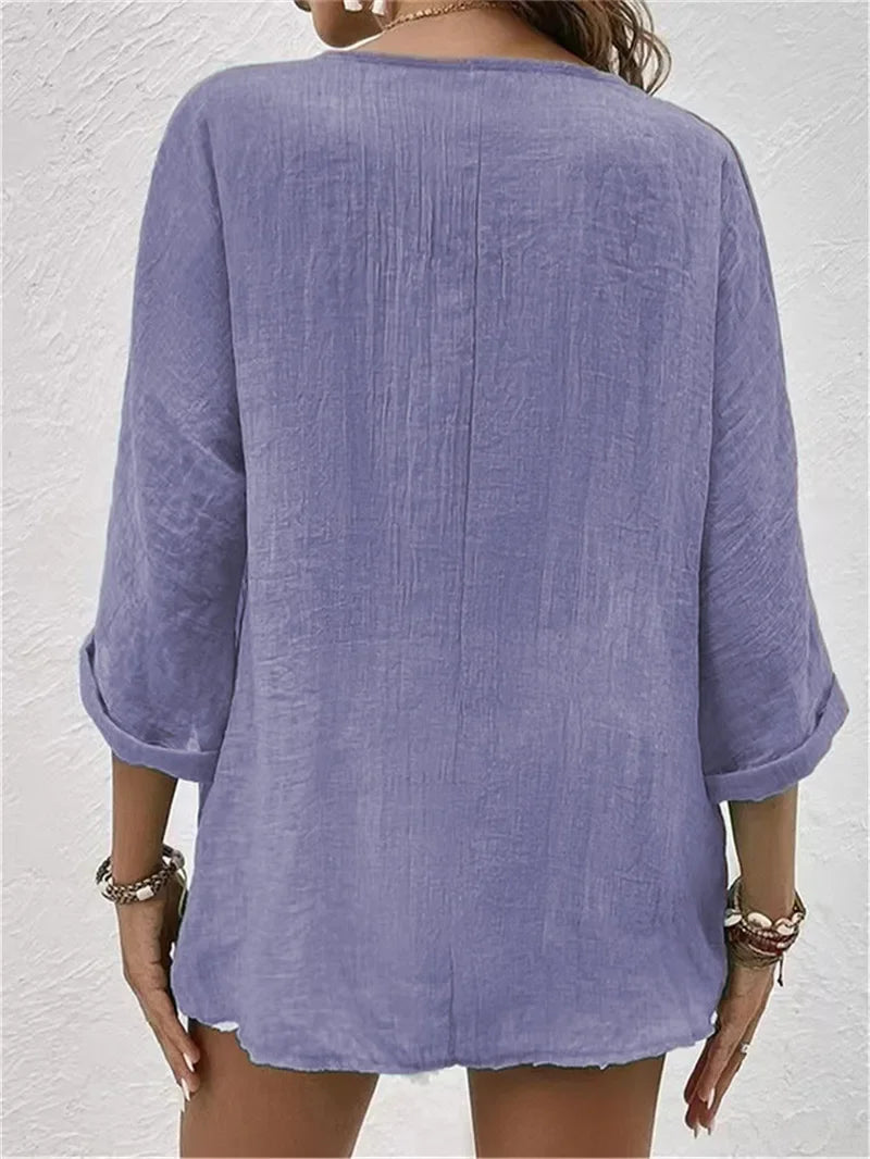 Blusa de Poliéster Gola v com Botões Manga Longa Lenogue