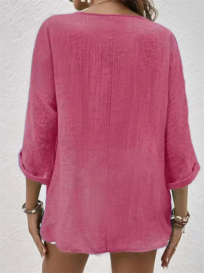 Blusa de Poliéster Gola v com Botões Manga Longa Lenogue