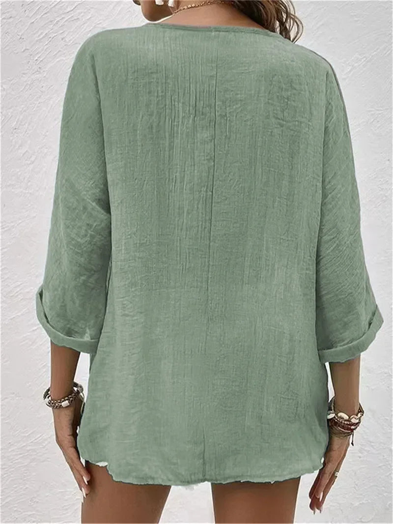 Blusa de Poliéster Gola v com Botões Manga Longa Lenogue