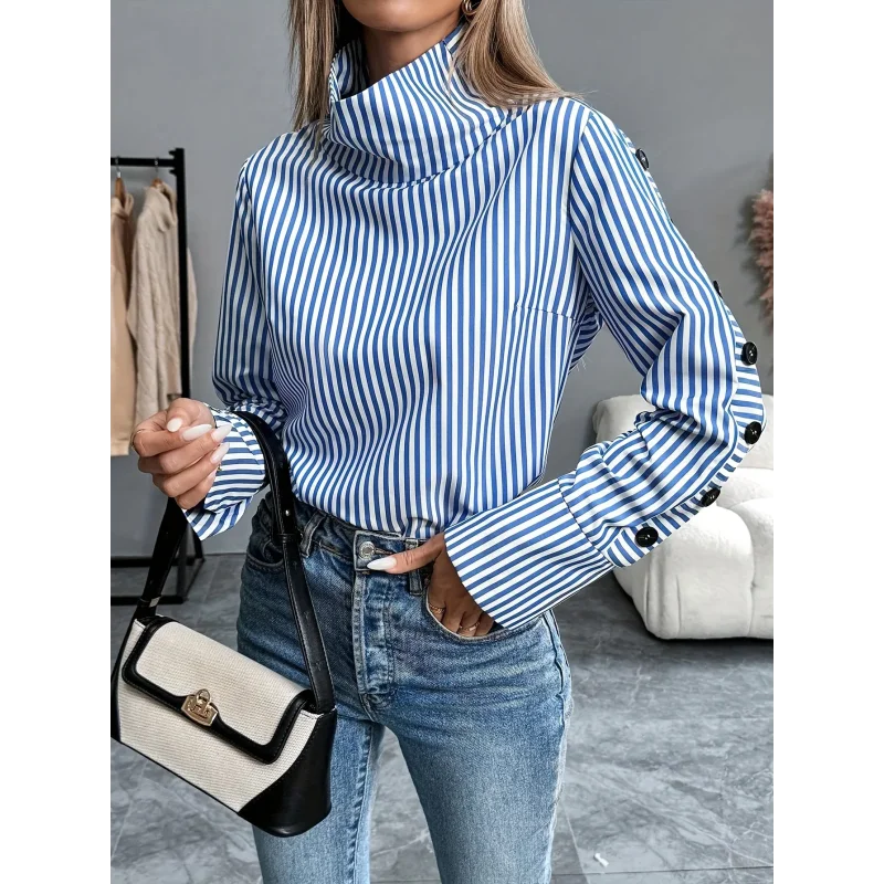 Blusa de Poliéster Listrada com Gola Alta Lenogue