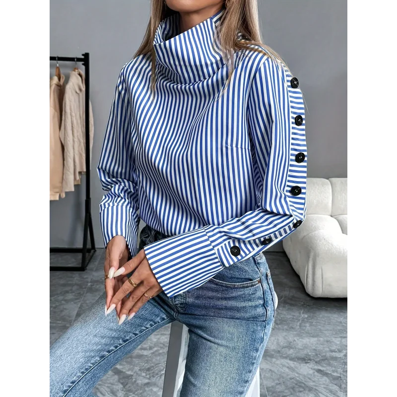 Blusa de Poliéster Listrada com Gola Alta Lenogue