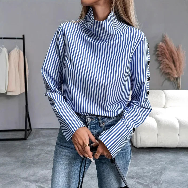 Blusa de Poliéster Listrada com Gola Alta Lenogue