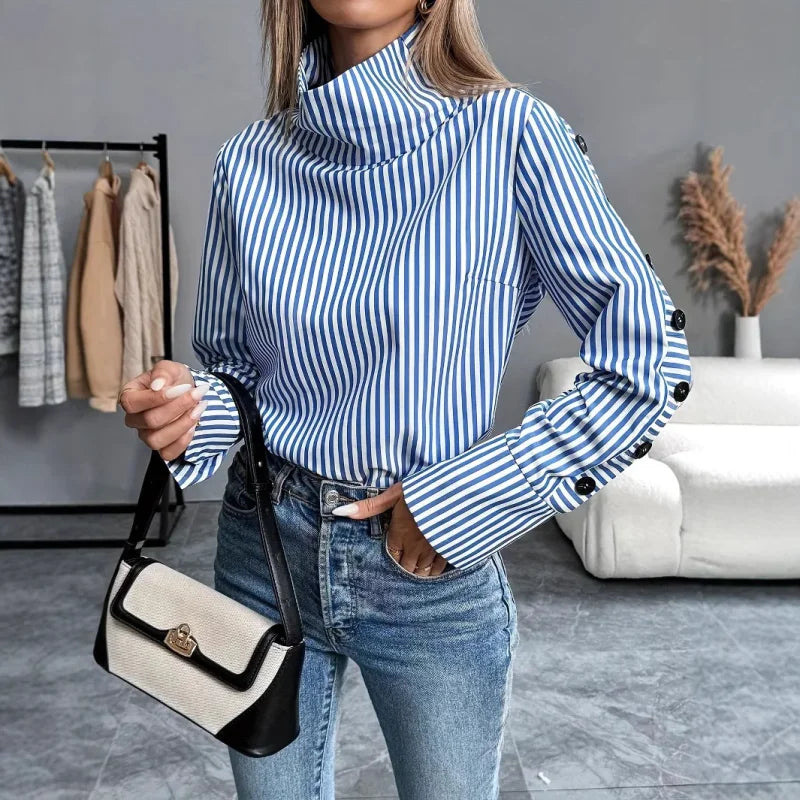 Blusa de Poliéster Listrada com Gola Alta Lenogue