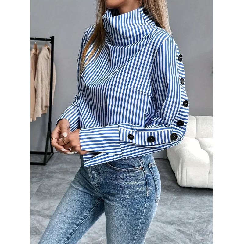 Blusa de Poliéster Listrada com Gola Alta Lenogue