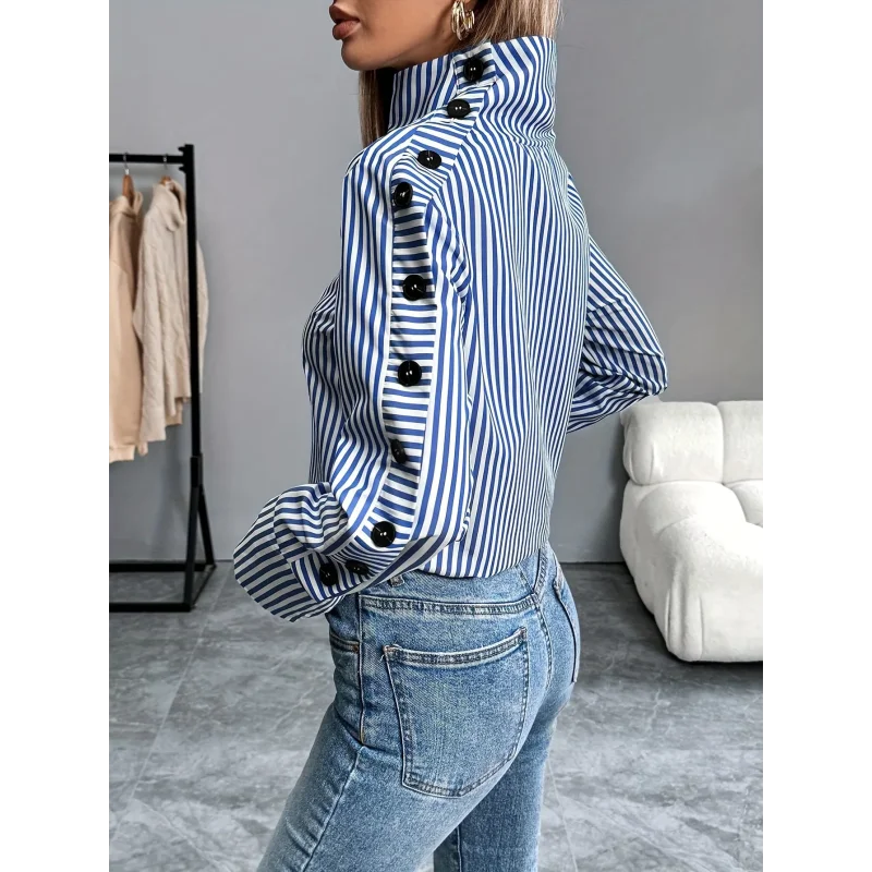 Blusa de Poliéster Listrada com Gola Alta Lenogue