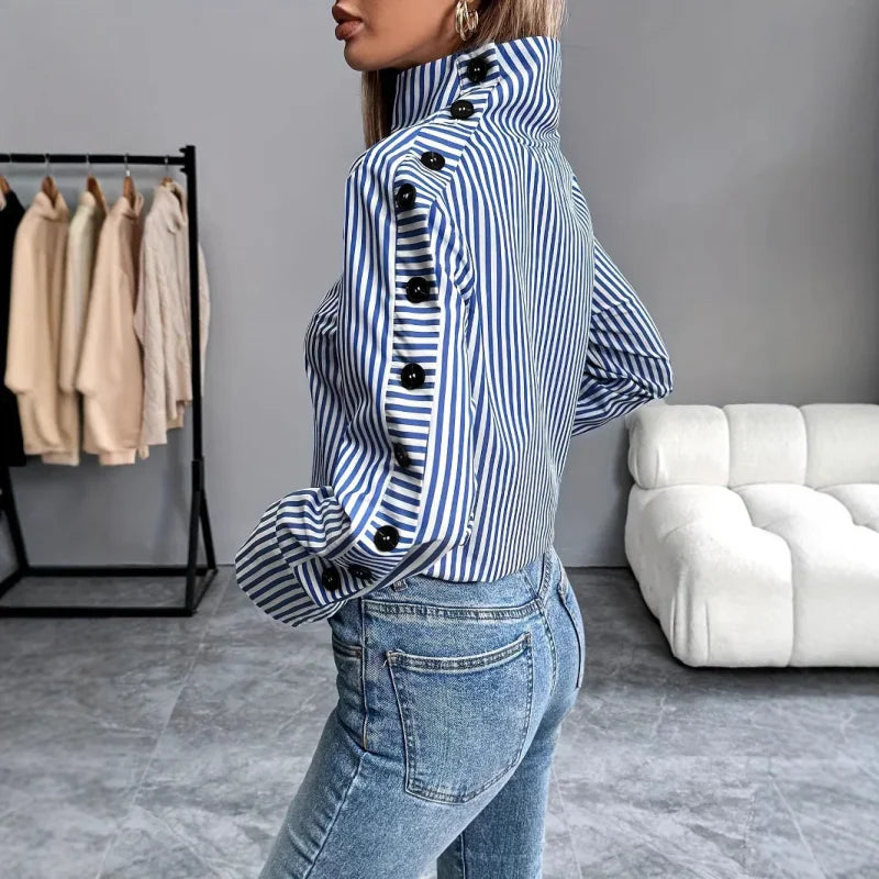 Blusa de Poliéster Listrada com Gola Alta Lenogue