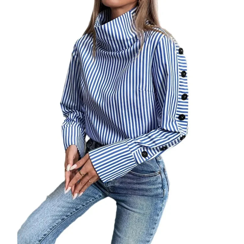Blusa de Poliéster Listrada com Gola Alta Lenogue