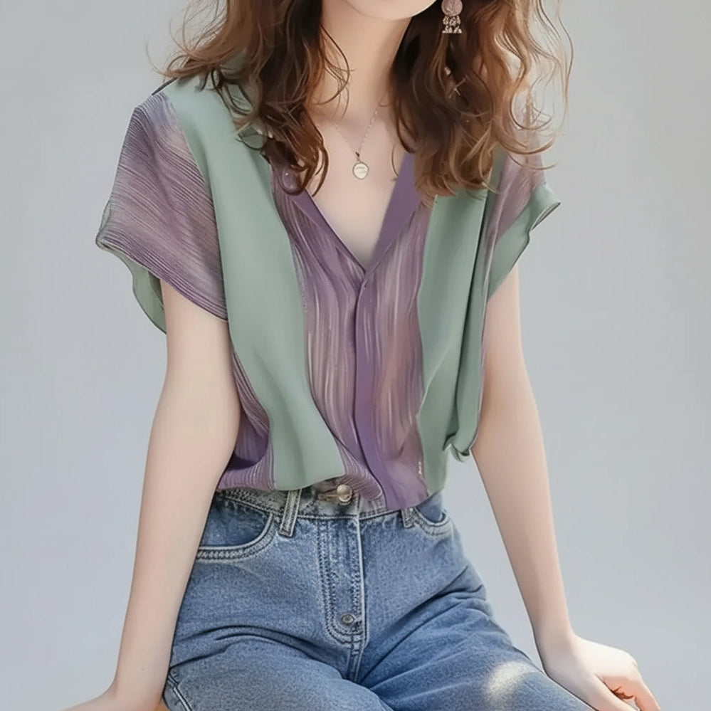 Blusa de Poliéster Listrada Gola v com Abotoamento Frontal Lenogue Verde / m