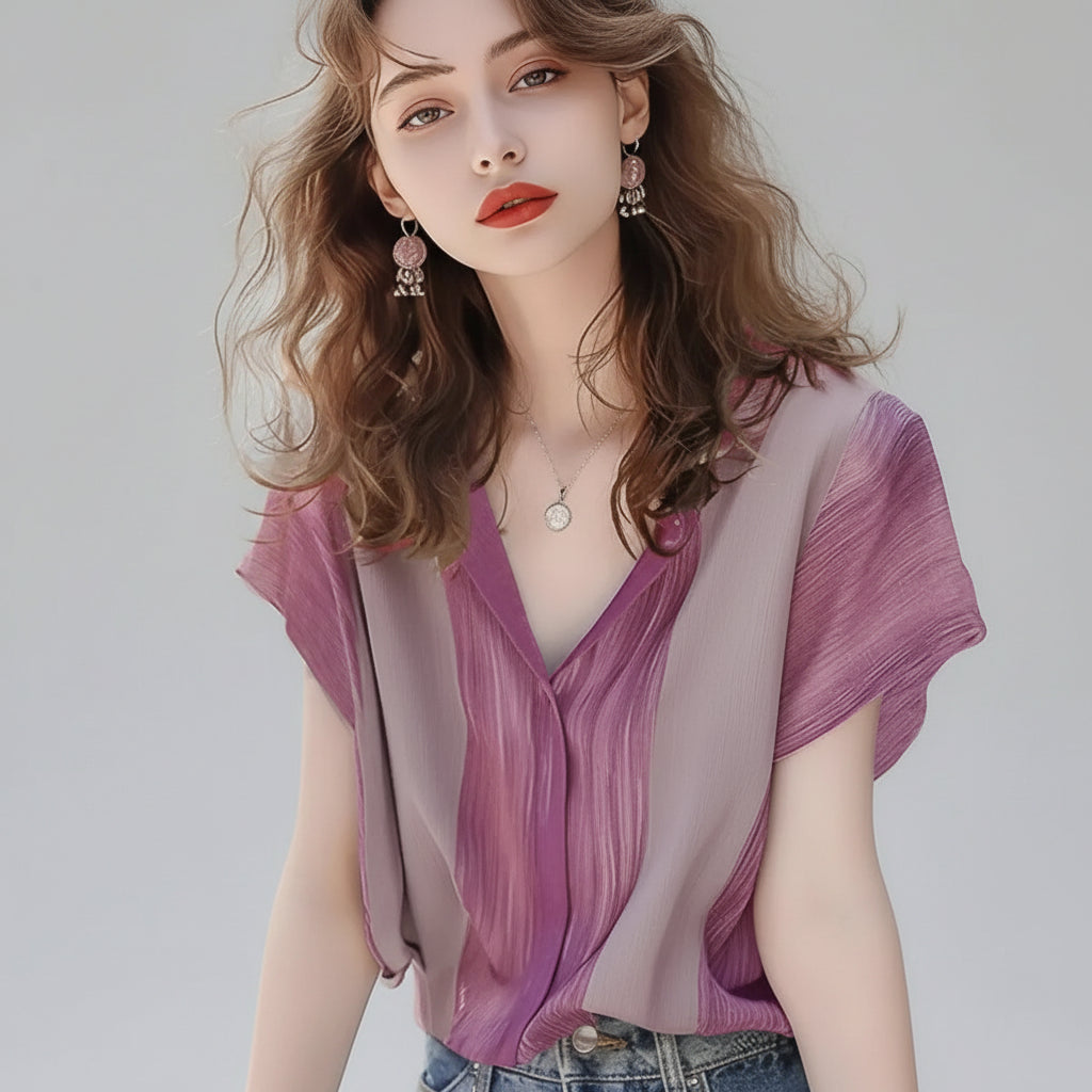 Blusa de Poliéster Listrada Gola v com Abotoamento Frontal Lenogue Roxo / m