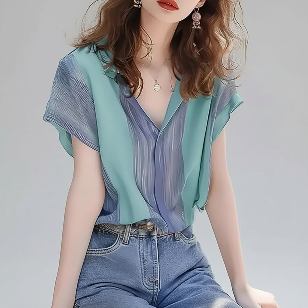 Blusa de Poliéster Listrada Gola v com Abotoamento Frontal Lenogue Azul / m