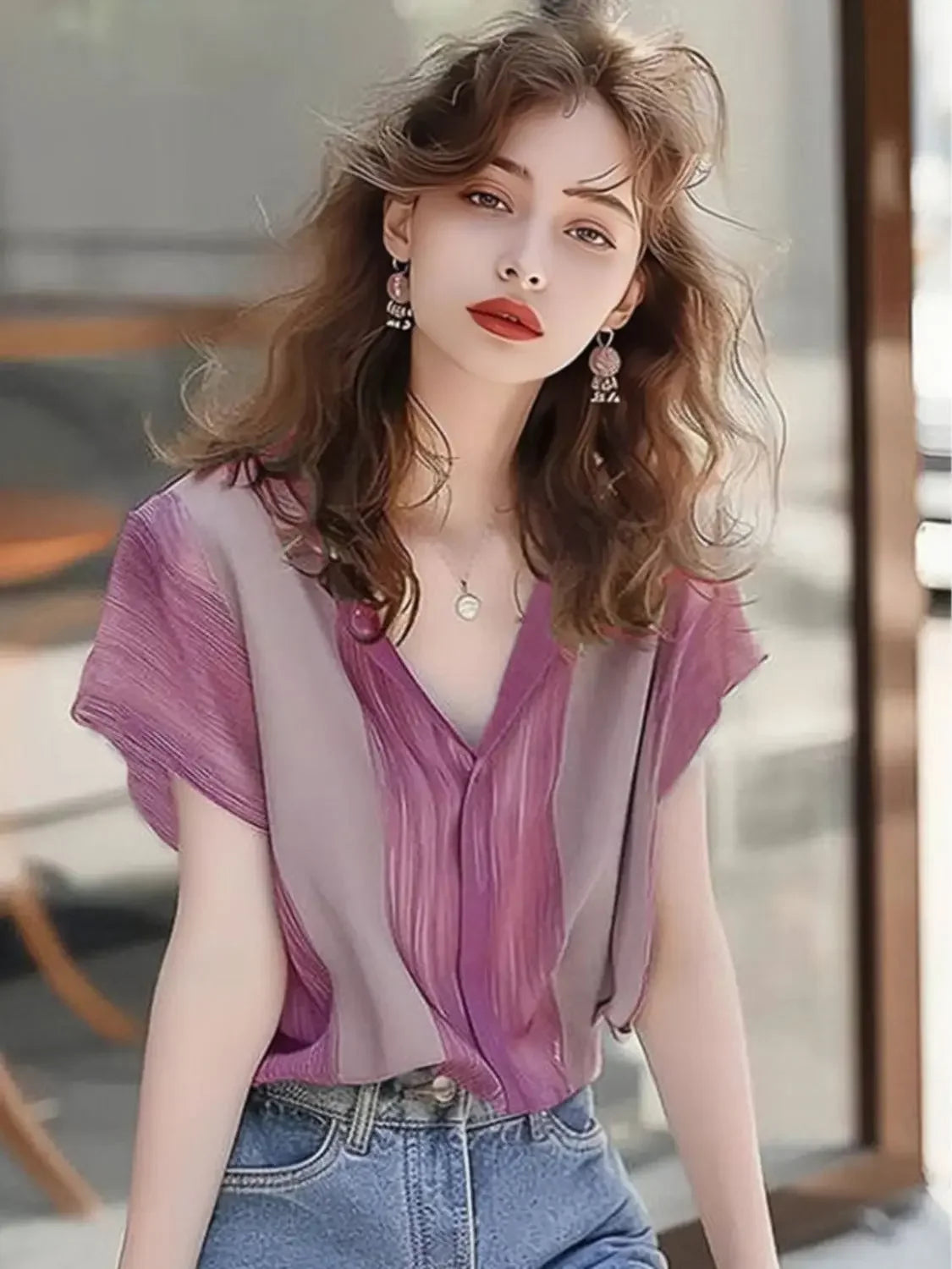 Blusa de Poliéster Listrada Gola v com Abotoamento Frontal Lenogue