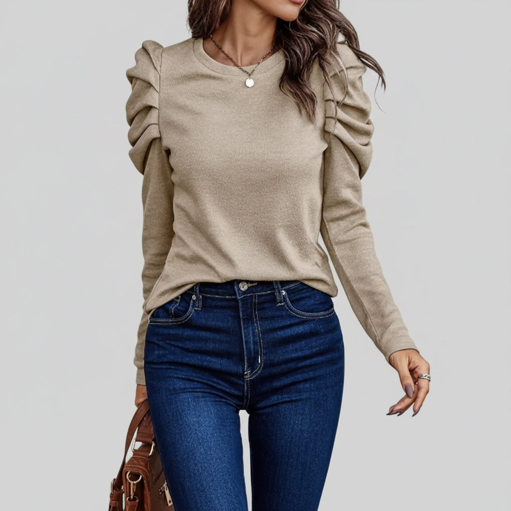 Blusa de Tecido Fluido Manga Bufante com Botões Lenogue Bege / p