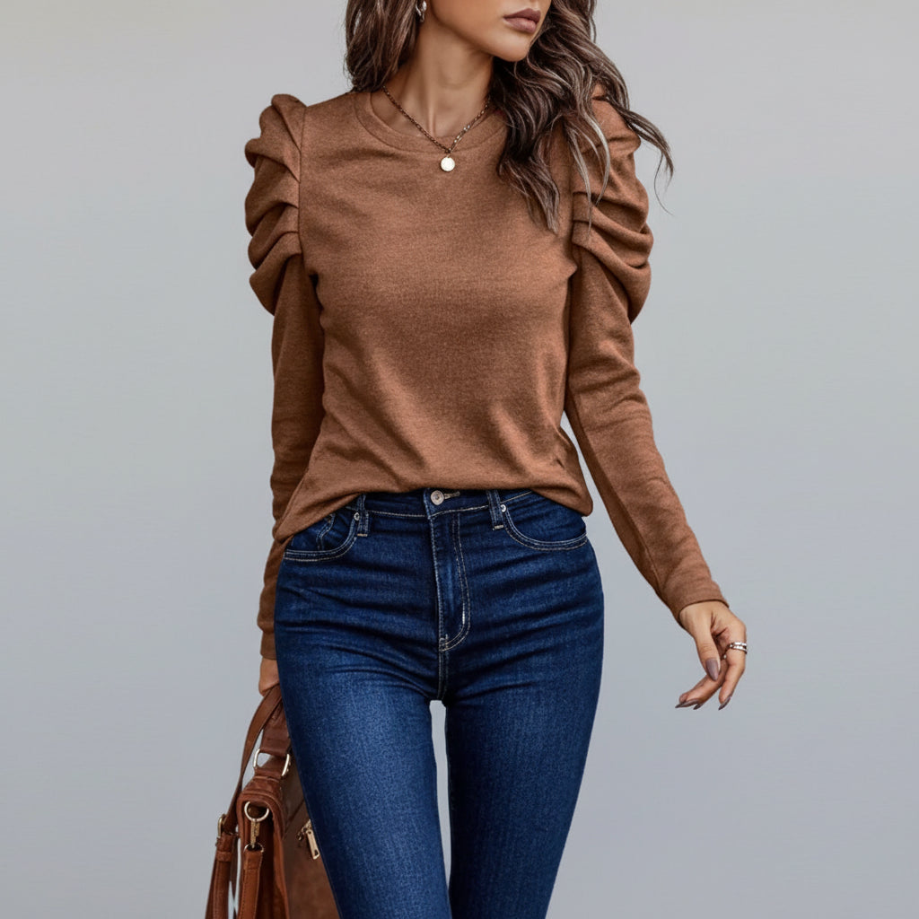 Blusa de Tecido Fluido Manga Bufante com Botões Lenogue Marrom / p