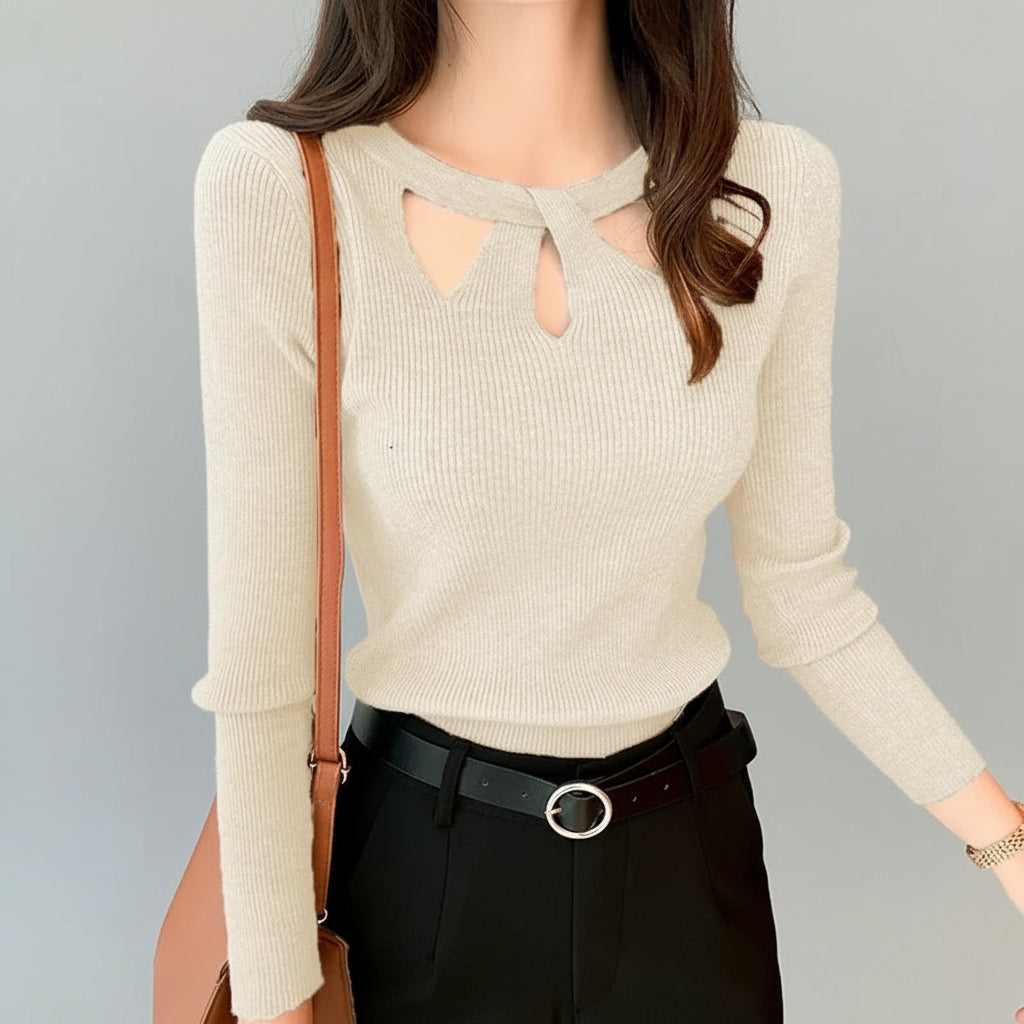 Blusa de Tricot Canelado com Recorte no Decote Lenogue Bege