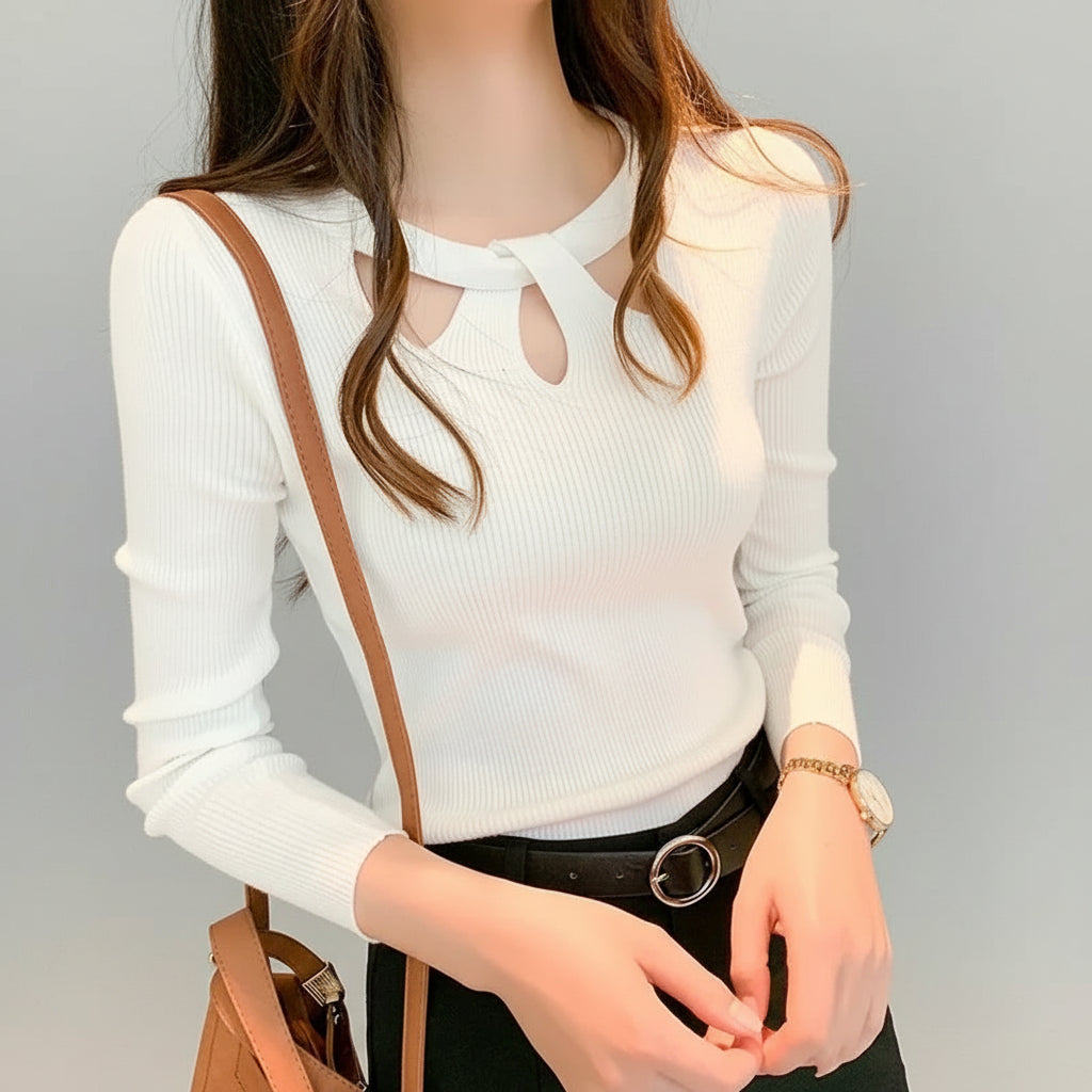 Blusa de Tricot Canelado com Recorte no Decote Lenogue Branco