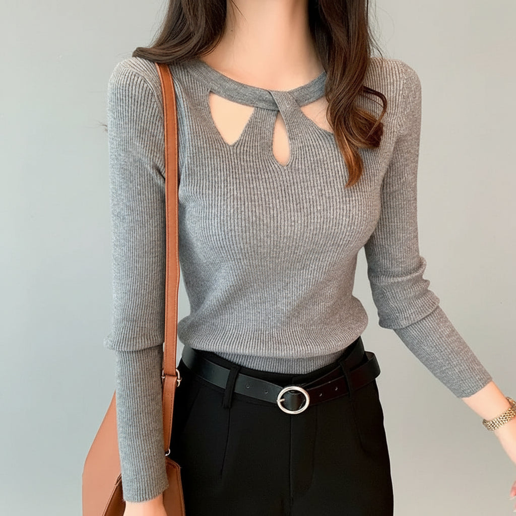 Blusa de Tricot Canelado com Recorte no Decote Lenogue Cinza