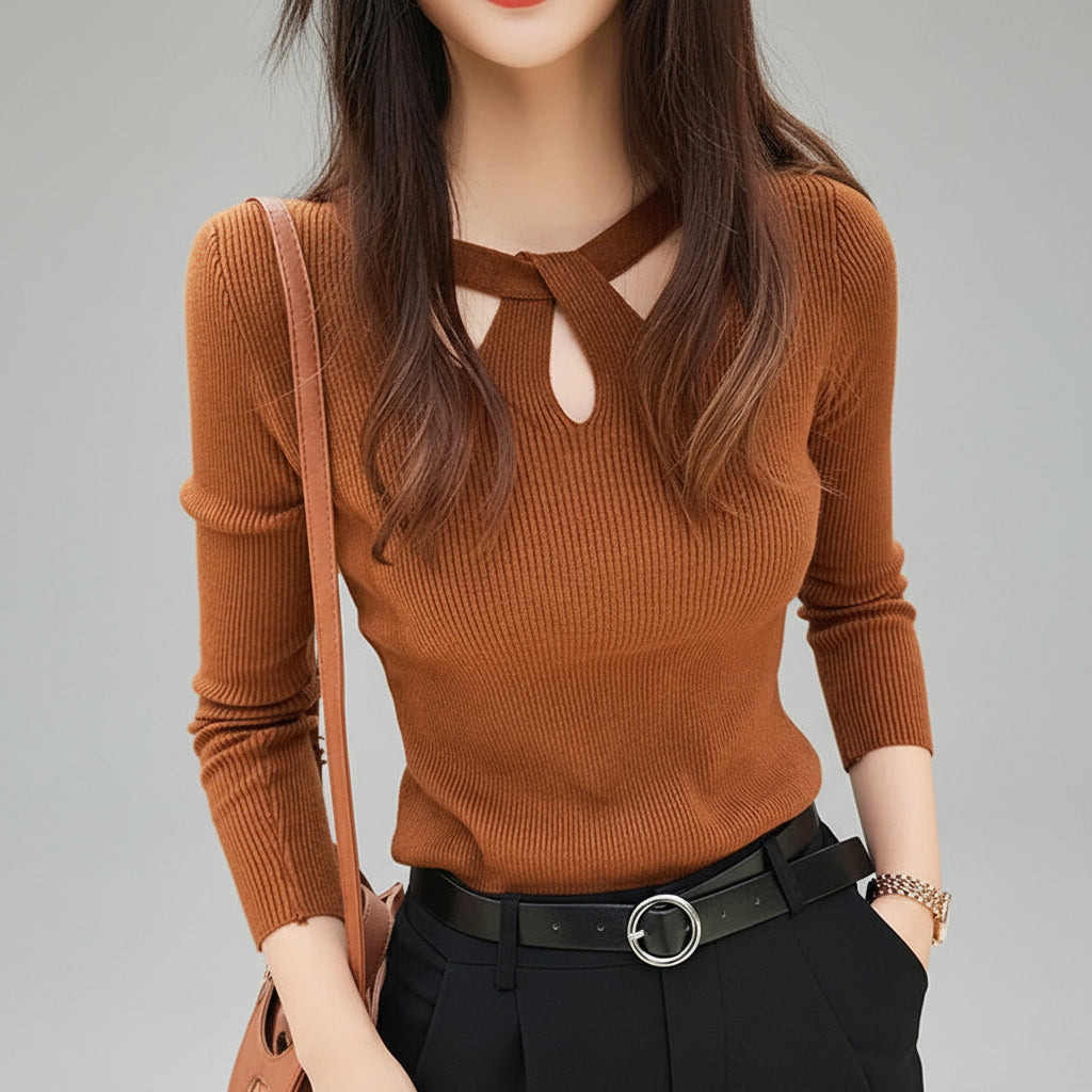 Blusa de Tricot Canelado com Recorte no Decote Lenogue Marrom