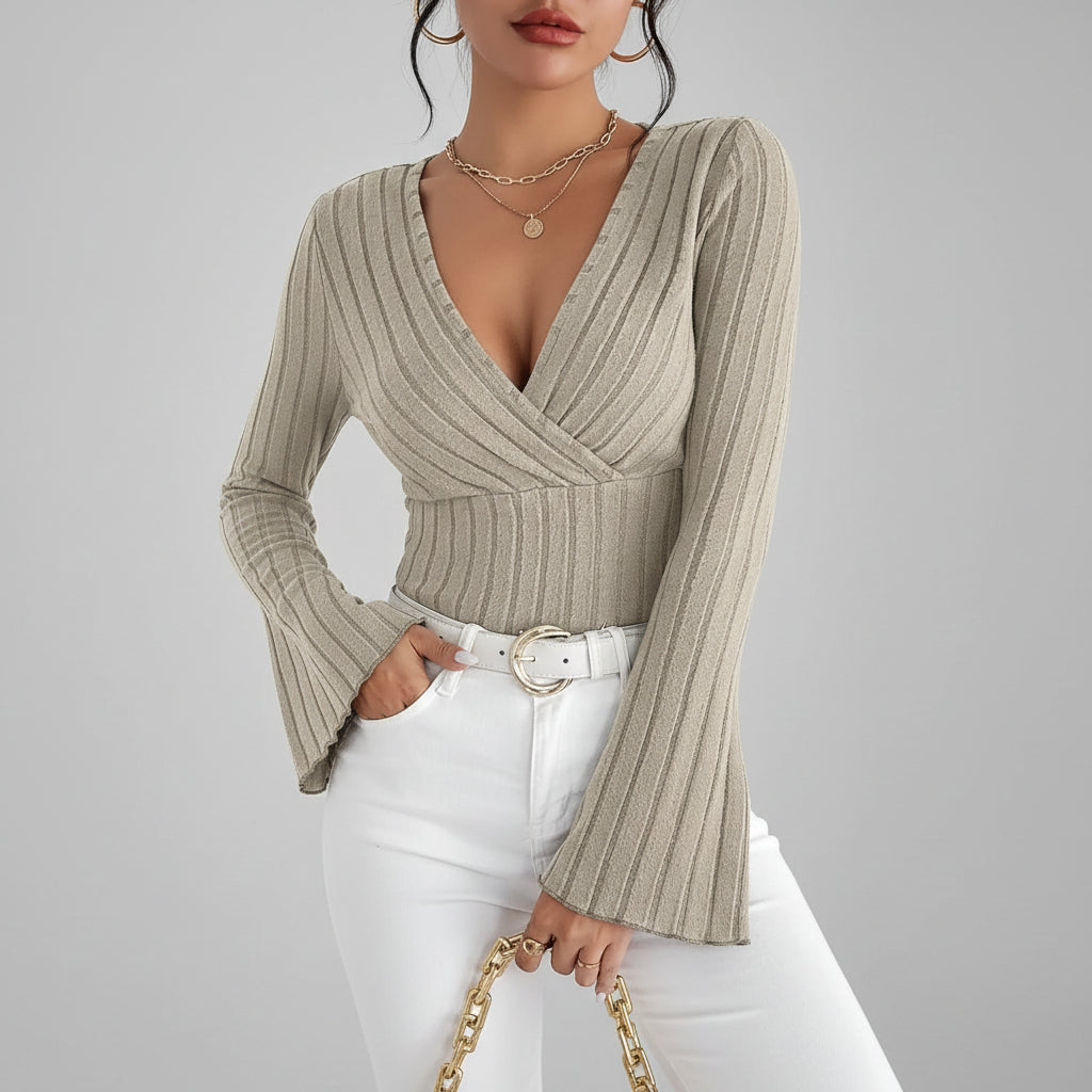 Blusa de Tricot Gola v Manga Flare Lenogue Bege / Pp