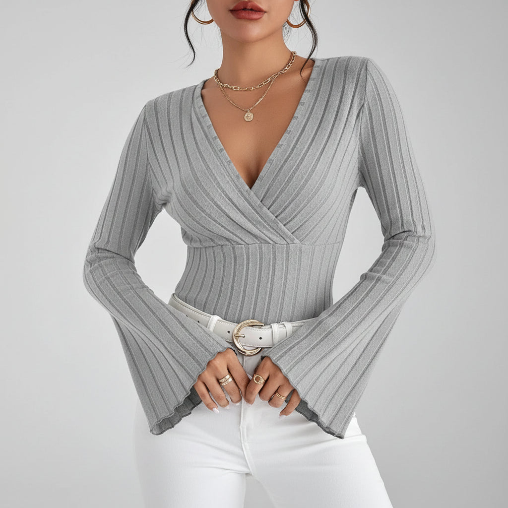 Blusa de Tricot Gola v Manga Flare Lenogue Cinza / Pp