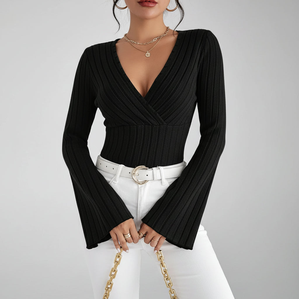 Blusa de Tricot Gola v Manga Flare Lenogue Preto / Pp