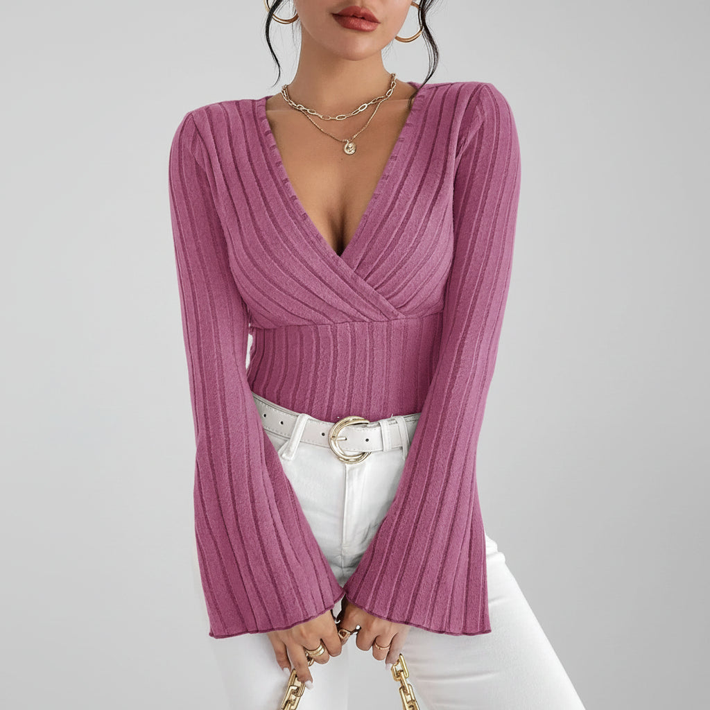 Blusa de Tricot Gola v Manga Flare Lenogue Rosa / Pp