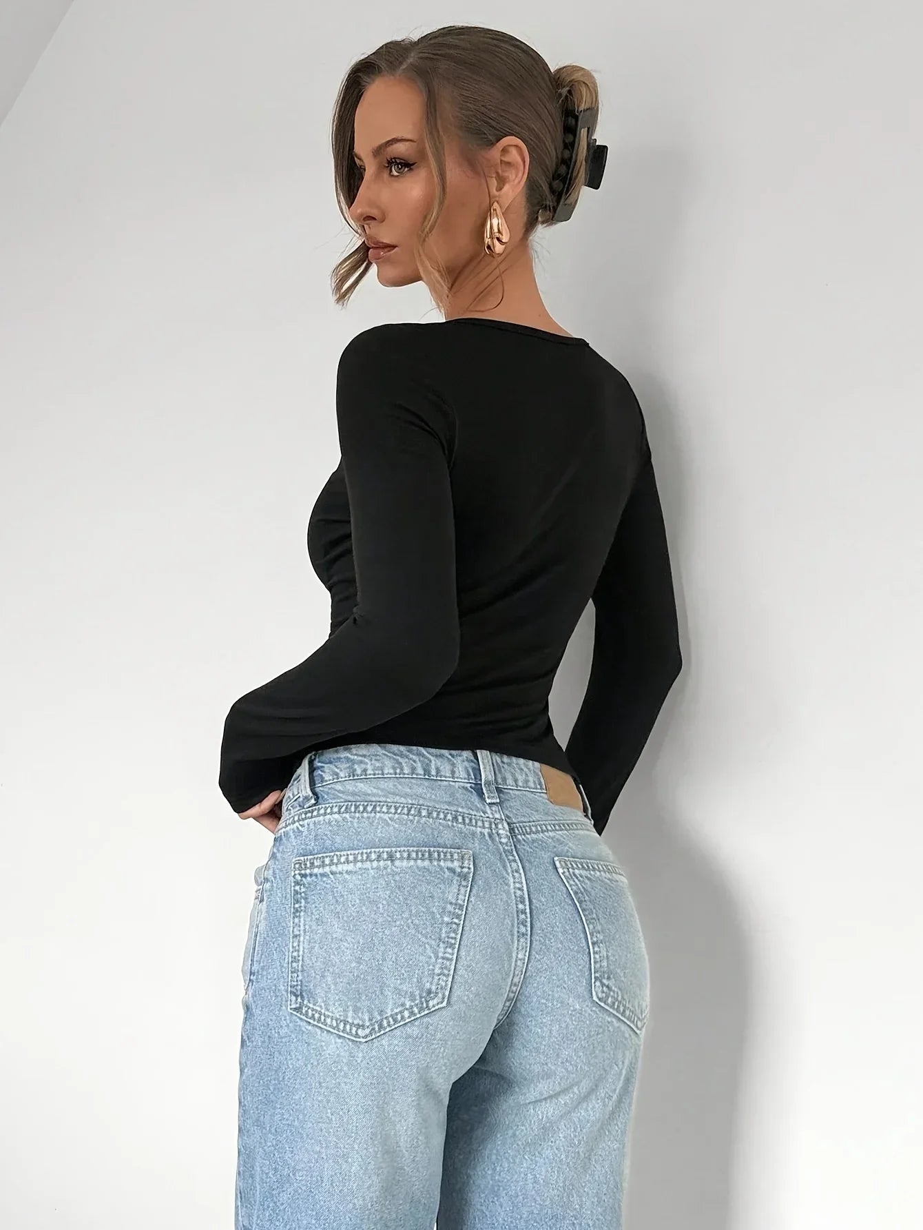 Blusa Malha Assimétrica Manga Longa com Franzido Lenogue