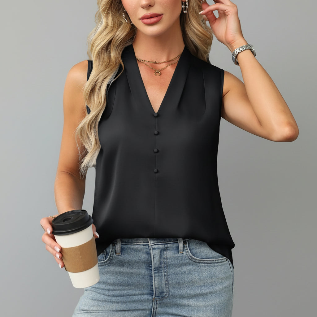 Blusa Regata em Seda Sintética com Decote v Lenogue Preto / p