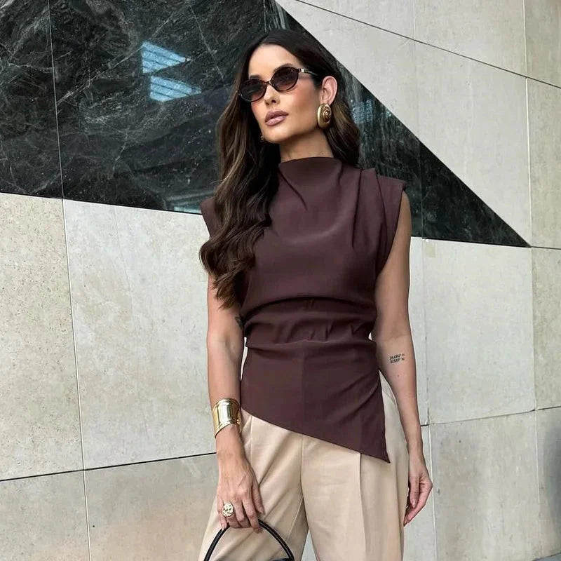 Blusa sem Mangas Alfaiataria Gola Alta Barra Assimétrica Lenogue