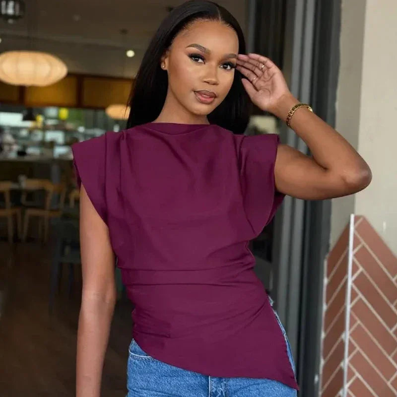 Blusa sem Mangas Alfaiataria Gola Alta Barra Assimétrica Lenogue