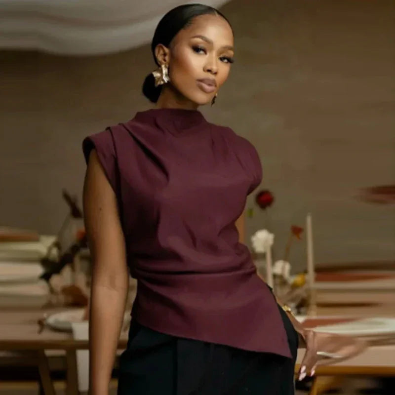 Blusa sem Mangas Alfaiataria Gola Alta Barra Assimétrica Lenogue Vermelho / p