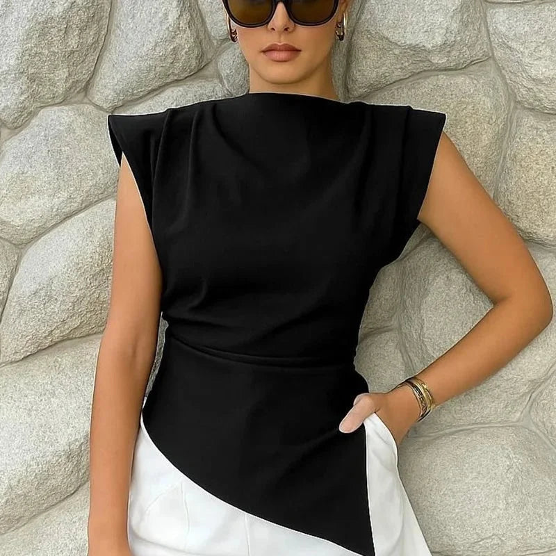 Blusa sem Mangas Alfaiataria Gola Alta Barra Assimétrica Lenogue Preto / p