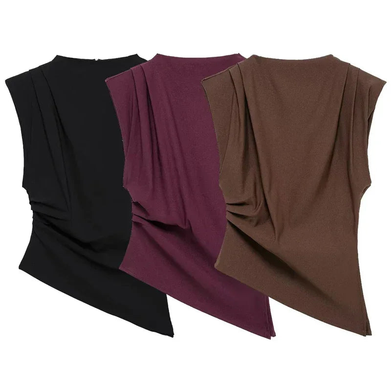 Blusa sem Mangas Alfaiataria Gola Alta Barra Assimétrica Lenogue