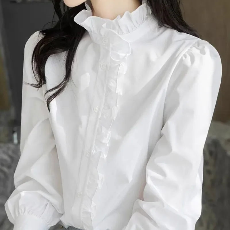 Blusa Social com Gola Alta e Botões Frontal Lenogue