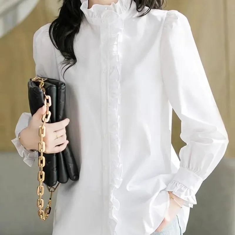 Blusa Social com Gola Alta e Botões Frontal Lenogue