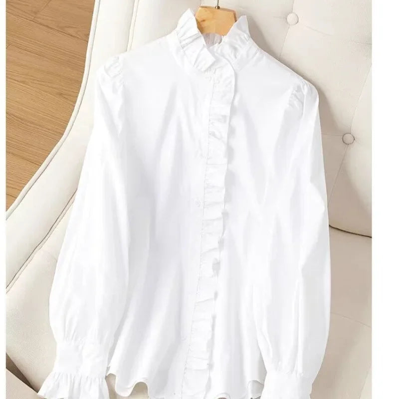 Blusa Social com Gola Alta e Botões Frontal Lenogue