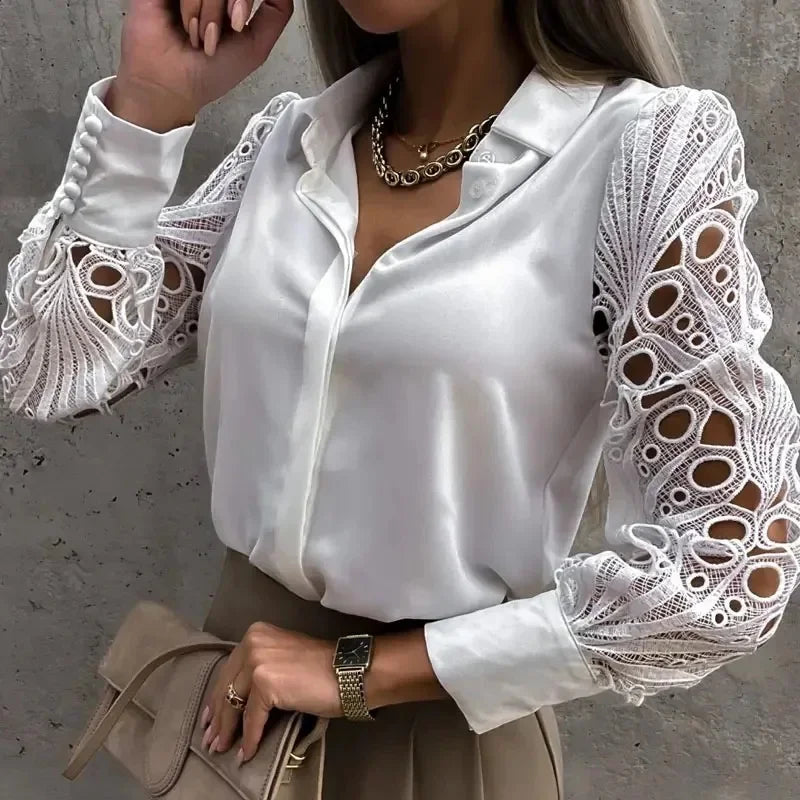 Blusa Social com Renda Vazado e Botões Branca Lenogue