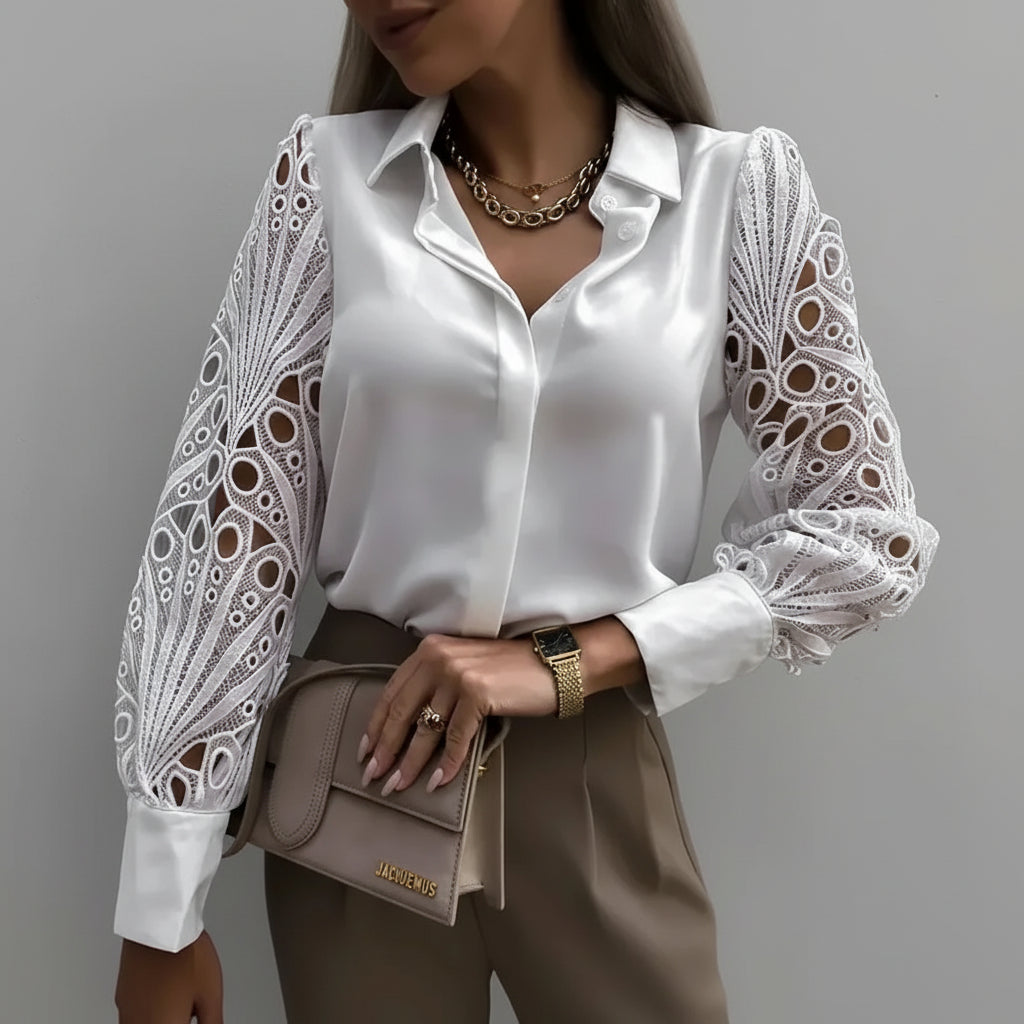 Blusa Social com Renda Vazado e Botões Branca Lenogue Branco / p
