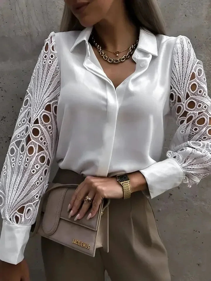 Blusa Social com Renda Vazado e Botões Branca Lenogue Branco / p