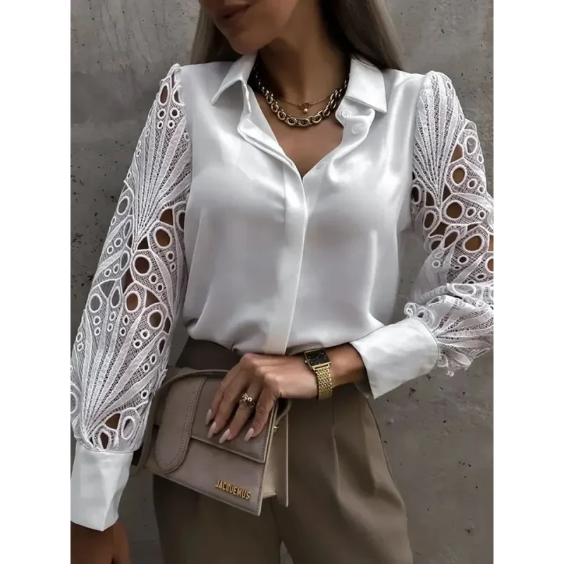 Blusa Social com Renda Vazado e Botões Branca Lenogue Branco / p