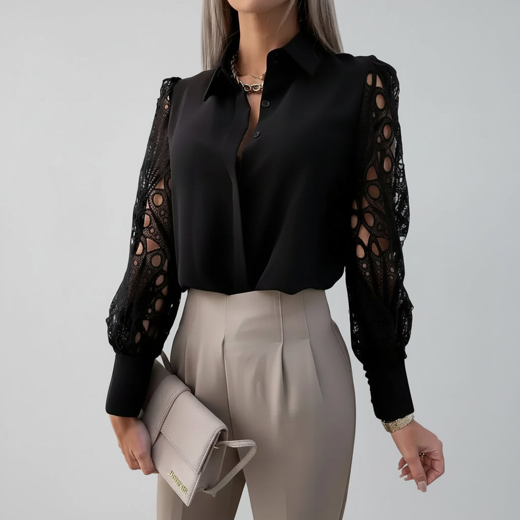 Blusa Social com Renda Vazado e Botões Branca Lenogue Preto / p