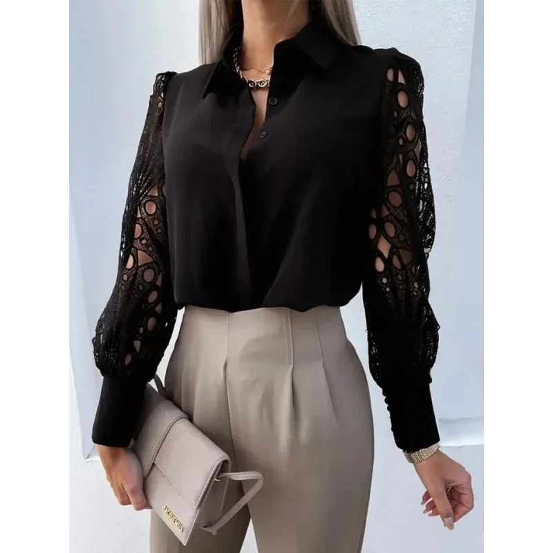 Blusa Social com Renda Vazado e Botões Branca Lenogue Preto / p