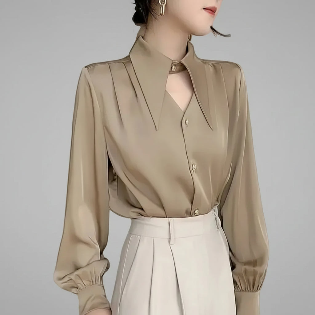 Blusa Social em Cetim com Gola Clássica e Botões Lenogue Bege / p