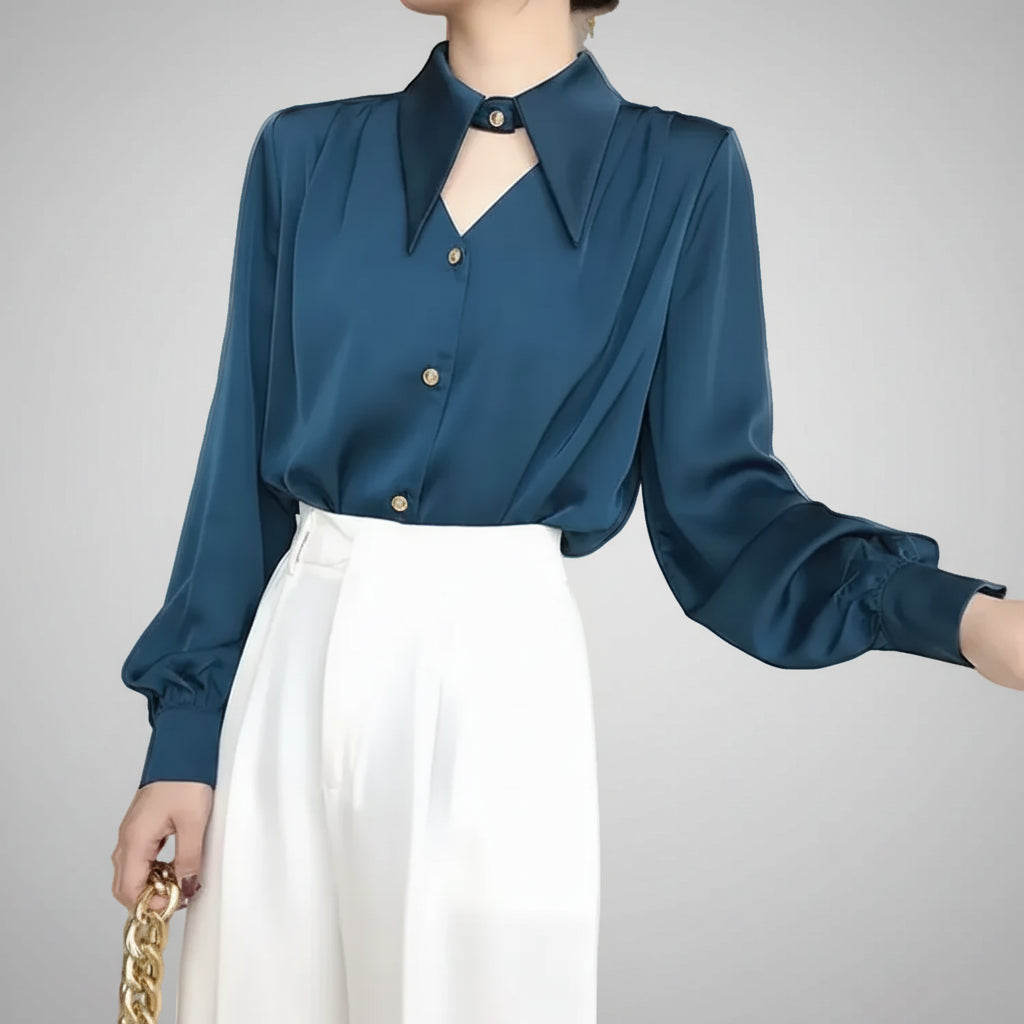 Blusa Social em Cetim com Gola Clássica e Botões Lenogue Azul / p