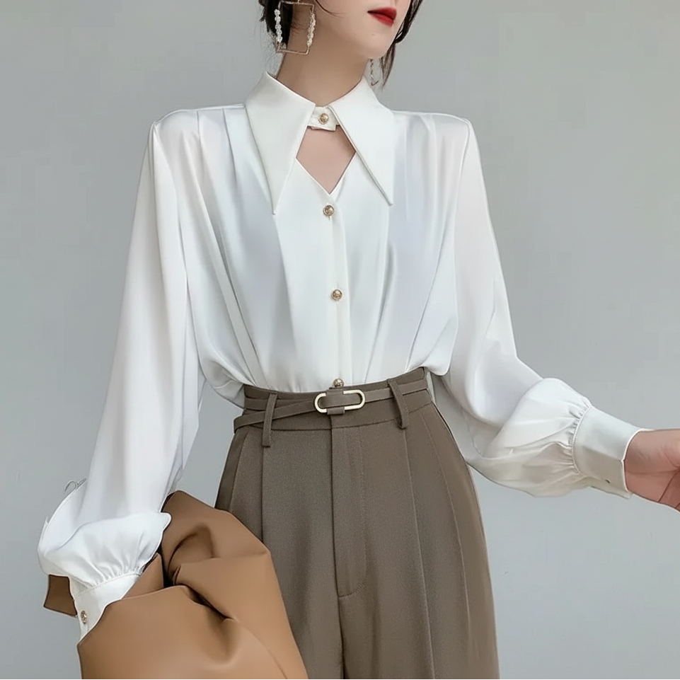 Blusa Social em Cetim com Gola Clássica e Botões Lenogue Branco / p